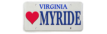 Image of a car plate with ' Heart and Virginia Myride' on it